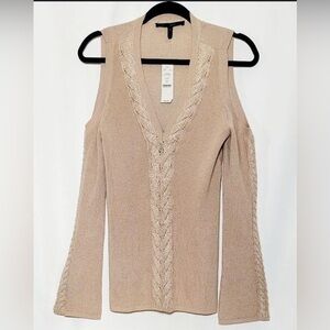 White House Black Market Tan V-Neck Sweater  cashmere with Cable Knit NWT